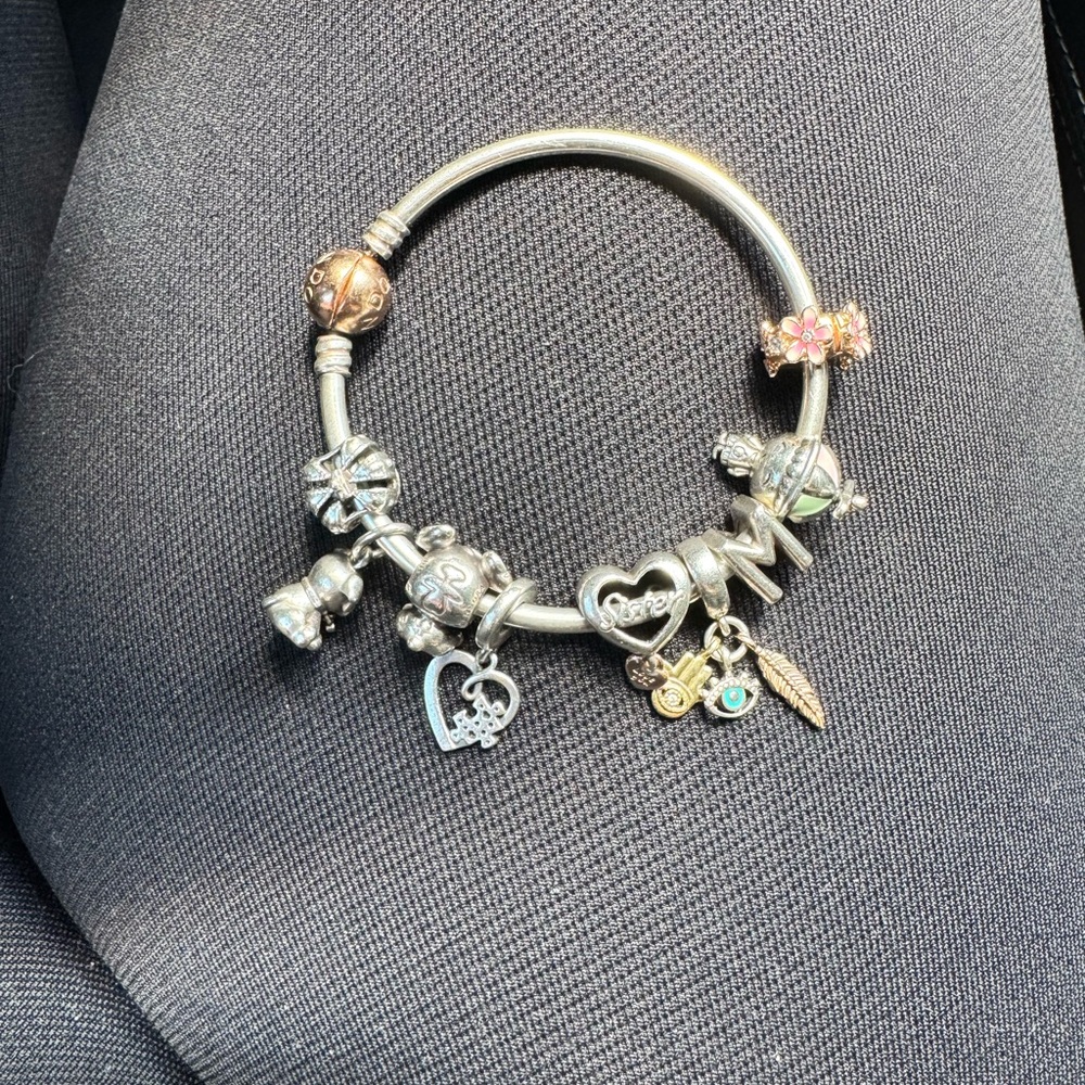 Silver Charm Bracelet with Heart and Flower Accents